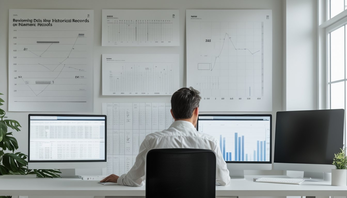 Seorang analis meninjau arsip angka dan grafik di ruang kerja.