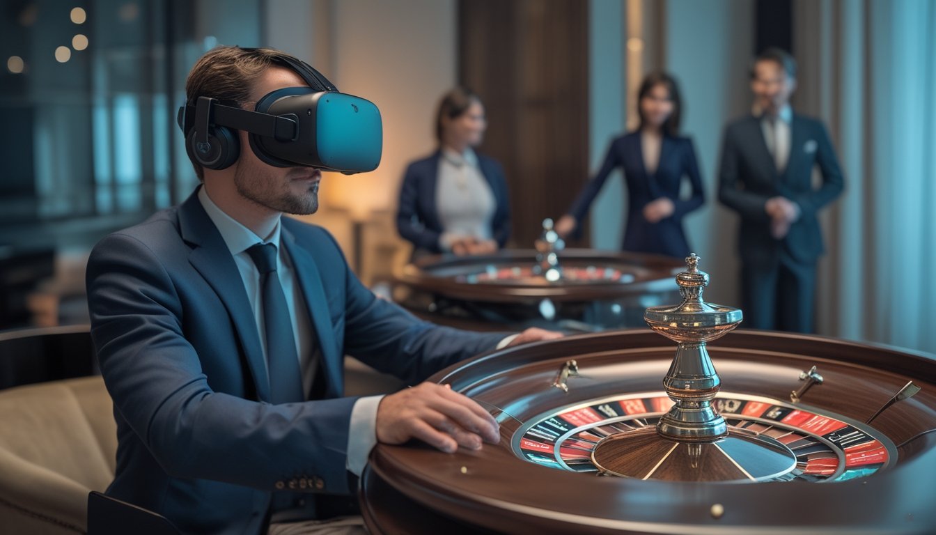 Seorang pemain memakai headset VR dan berinteraksi dengan dealer di meja roulette.