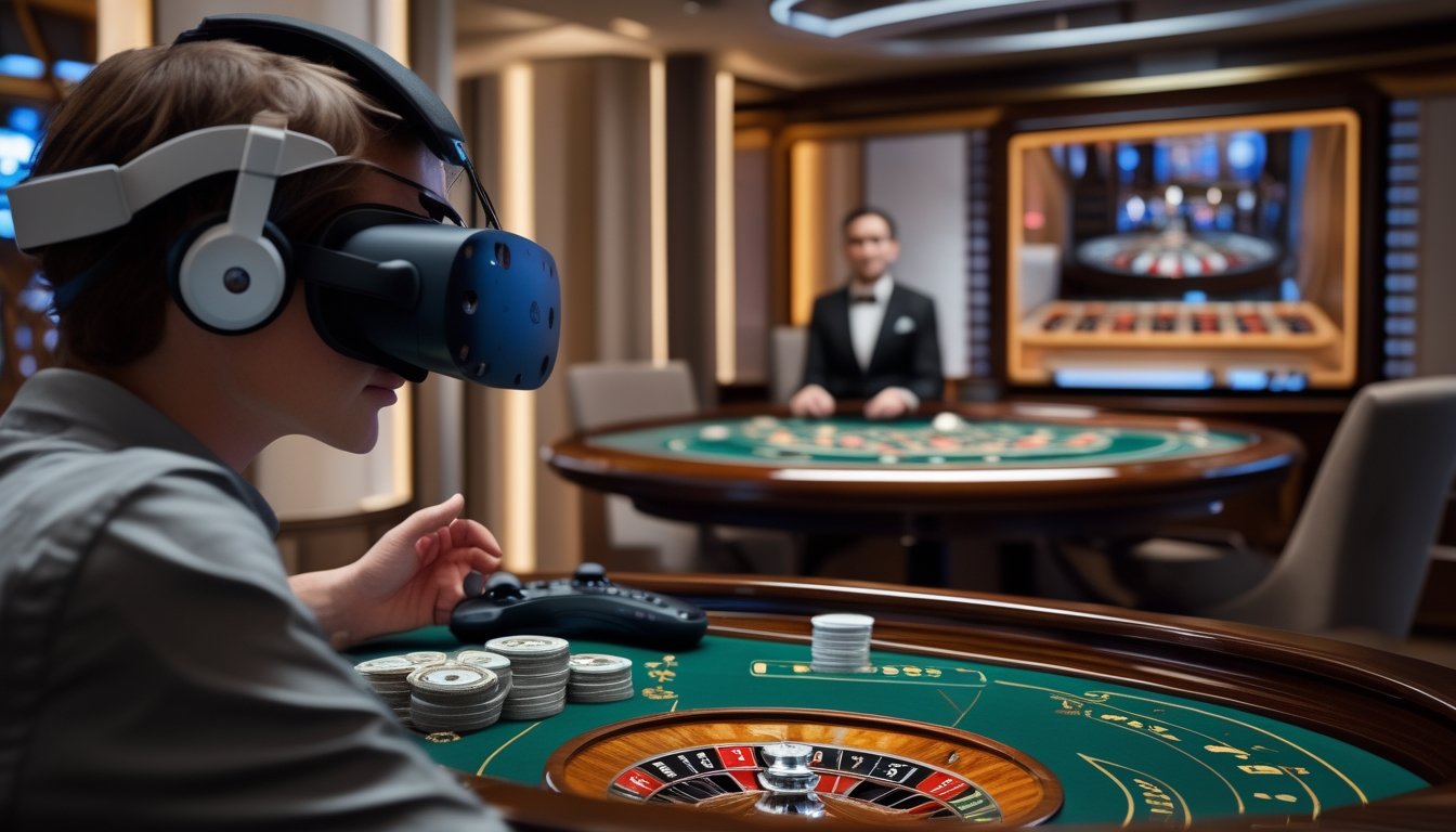 Seorang pemain memakai headset VR dan berinteraksi dengan dealer di meja roulette virtual.