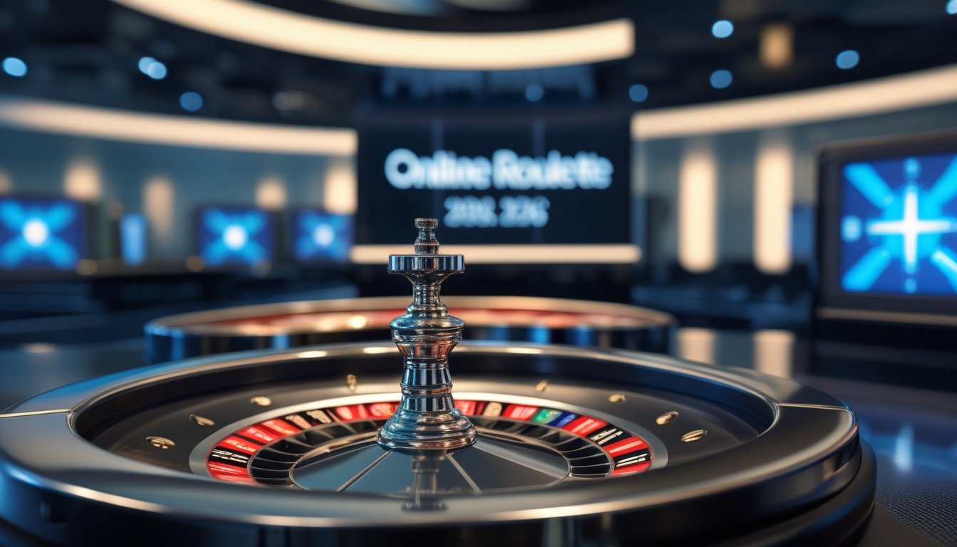 Roda roulette berada di tengah studio permainan modern dengan cahaya biru di latar belakang.