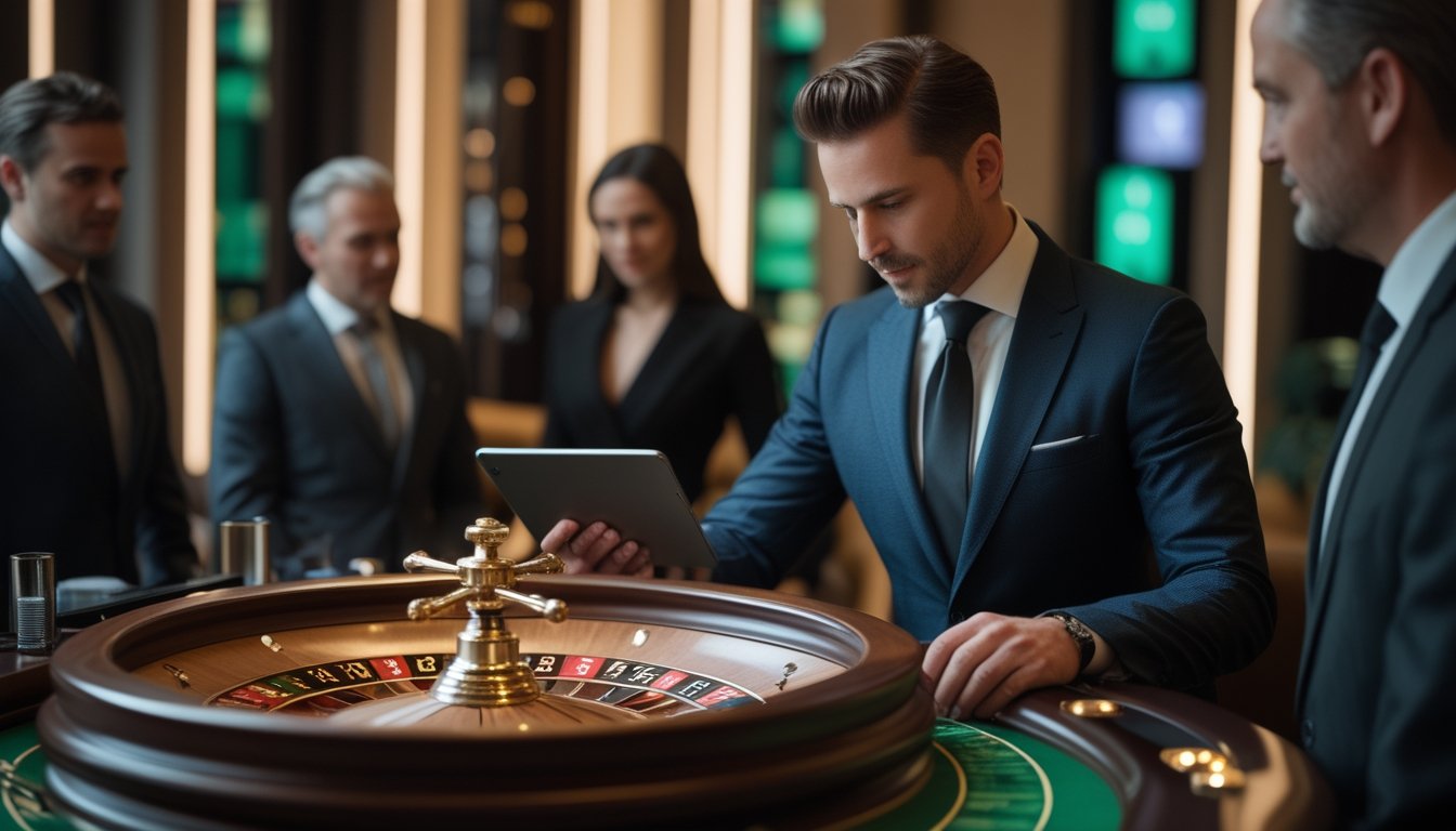 Seorang dealer memutar roda roulette sementara beberapa orang mengamati.