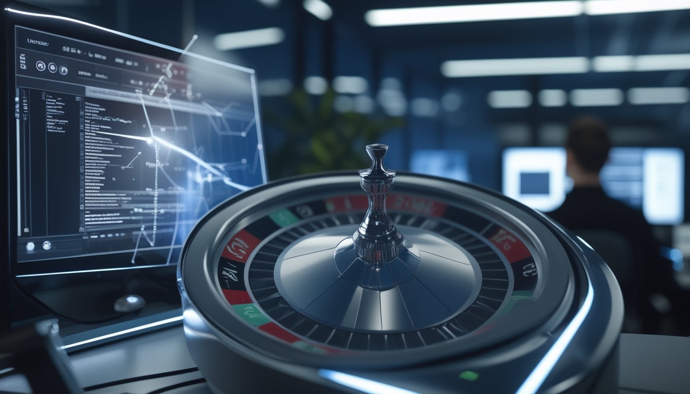 Seorang teknisi mengamati roda roulette digital di layar.