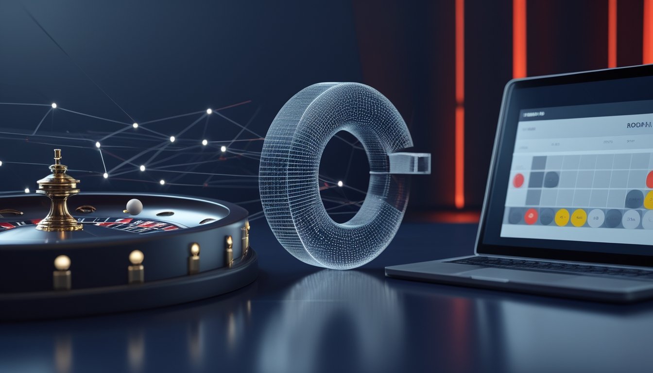 Roda roulette digital dengan bola kecil dan visualisasi abstrak proses pengacakan di samping perangkat.