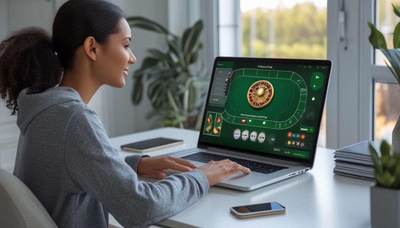 Seorang pemula mempelajari permainan roulette melalui laptop di rumah.