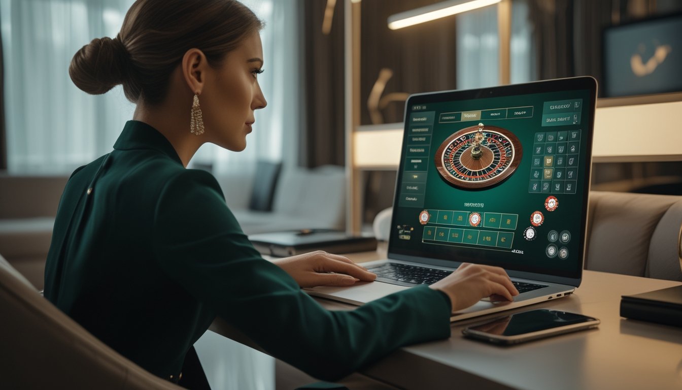 Seseorang melihat permainan roulette di layar laptop di meja modern.