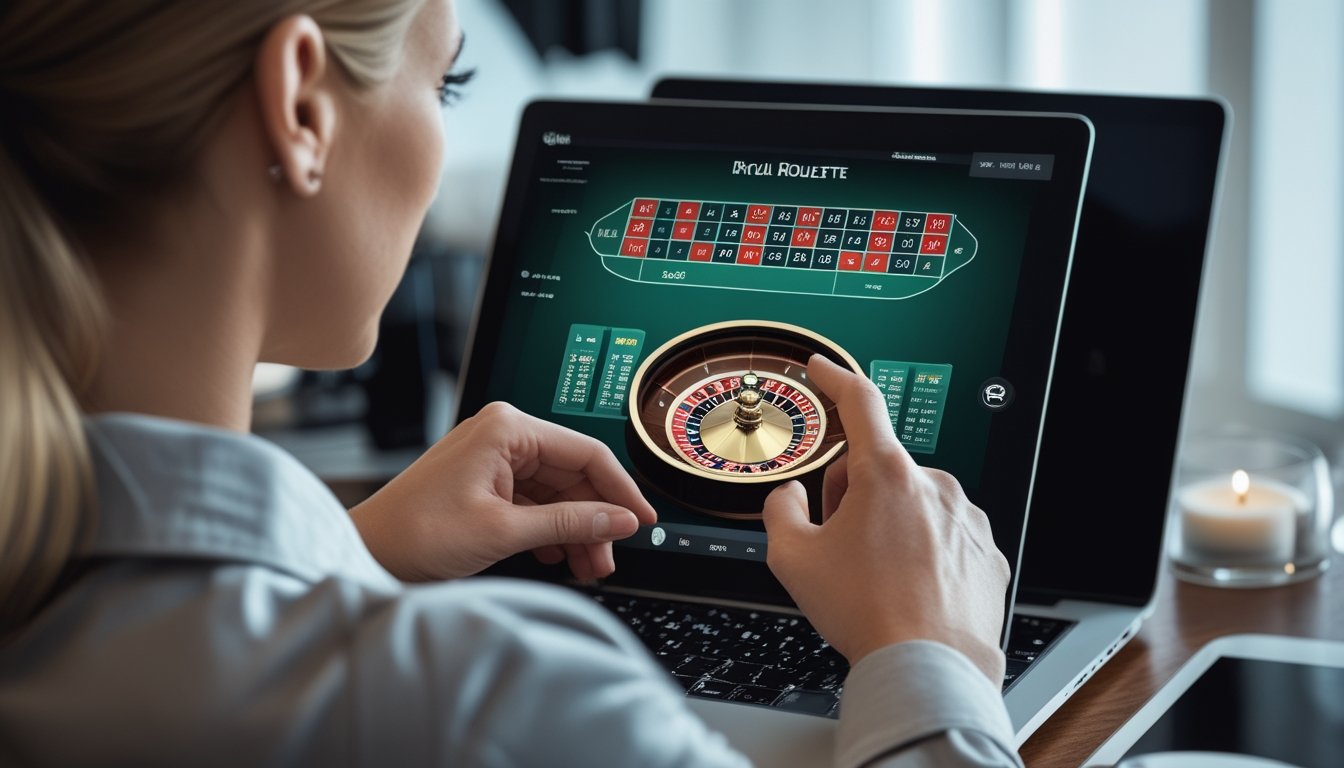 Seseorang menggunakan laptop untuk menyaksikan permainan roulette online.