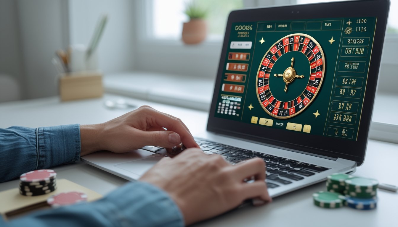 Seorang pemula mempelajari permainan roulette daring di laptop.