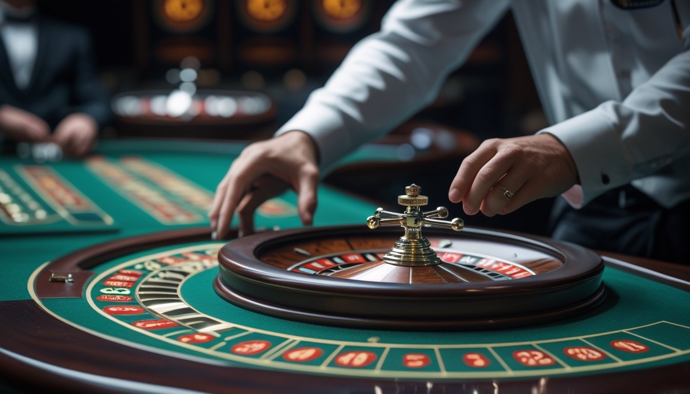 Roda roulette dan meja taruhan hijau dengan beberapa keping taruhan.
