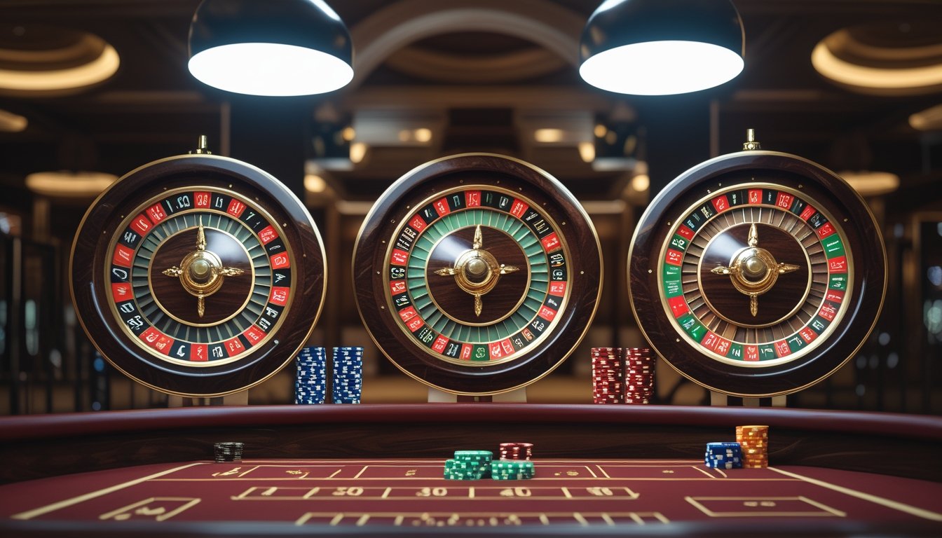 Tiga roda roulette dengan susunan kantong yang berbeda berdampingan di atas meja kasino.