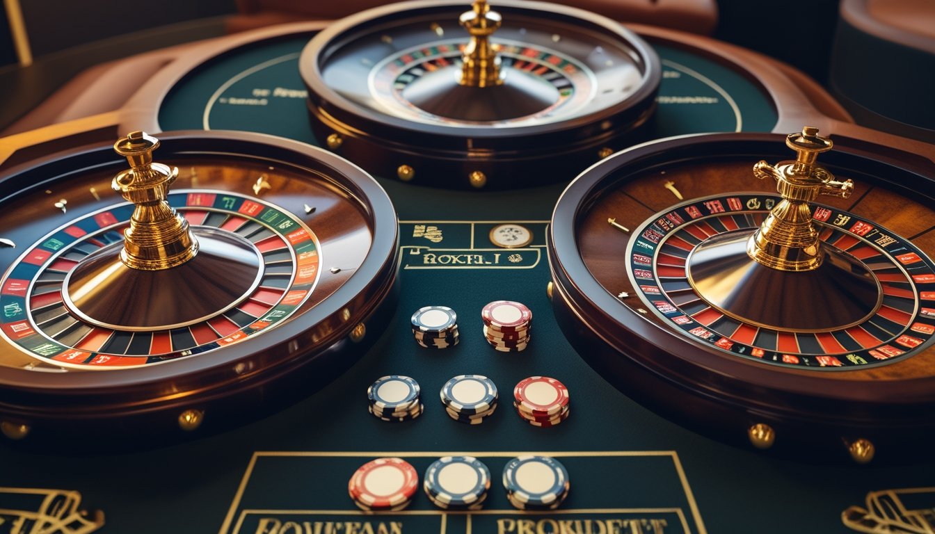 Tiga meja roulette dengan roda dan tata letak taruhan yang berbeda.