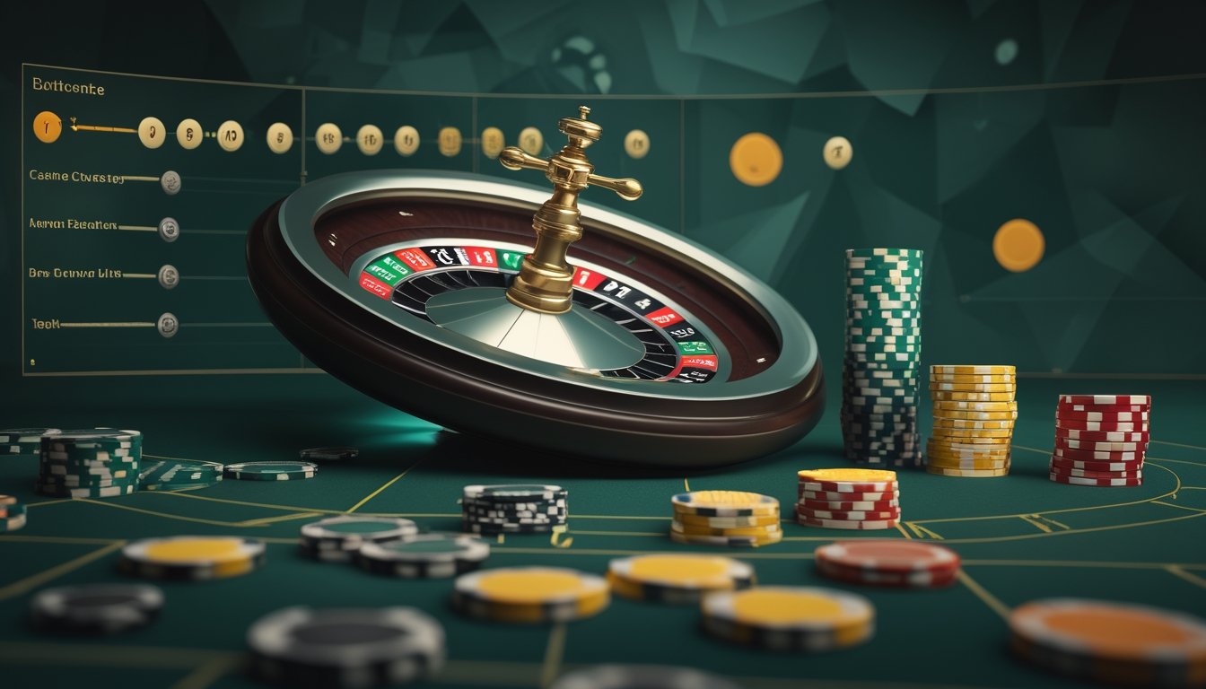 Roda roulette dengan beberapa keping taruhan tersusun di dekatnya.