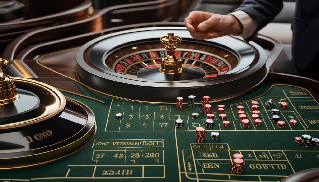 Tangan meletakkan keping taruhan di atas meja roulette di samping roda roulette.