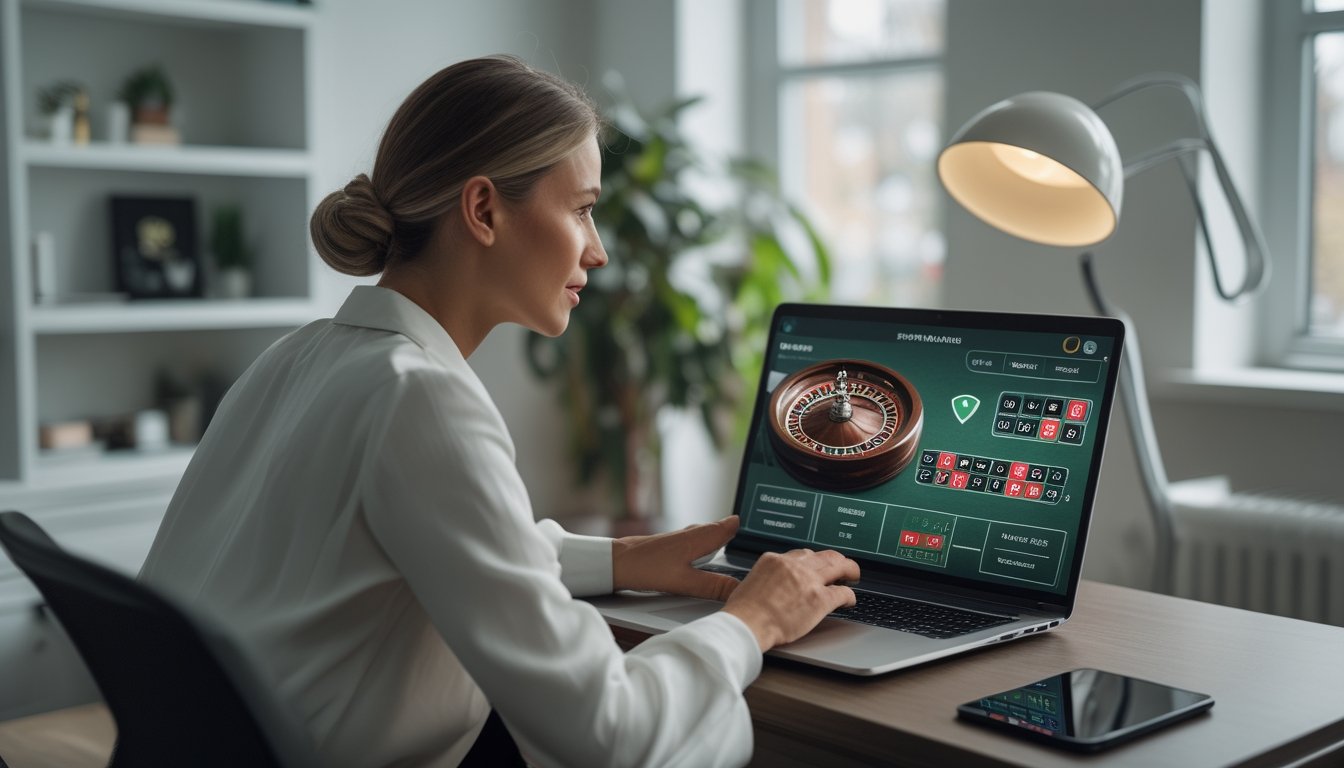 Seseorang memeriksa roulette daring di laptop dengan ponsel di meja.