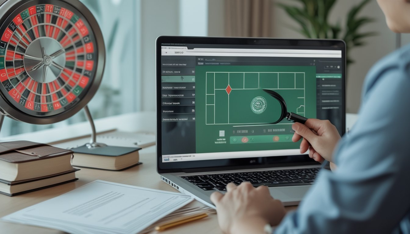 Seseorang memeriksa laptop dan dokumen legalitas di meja dengan roda roulette di latar belakang.