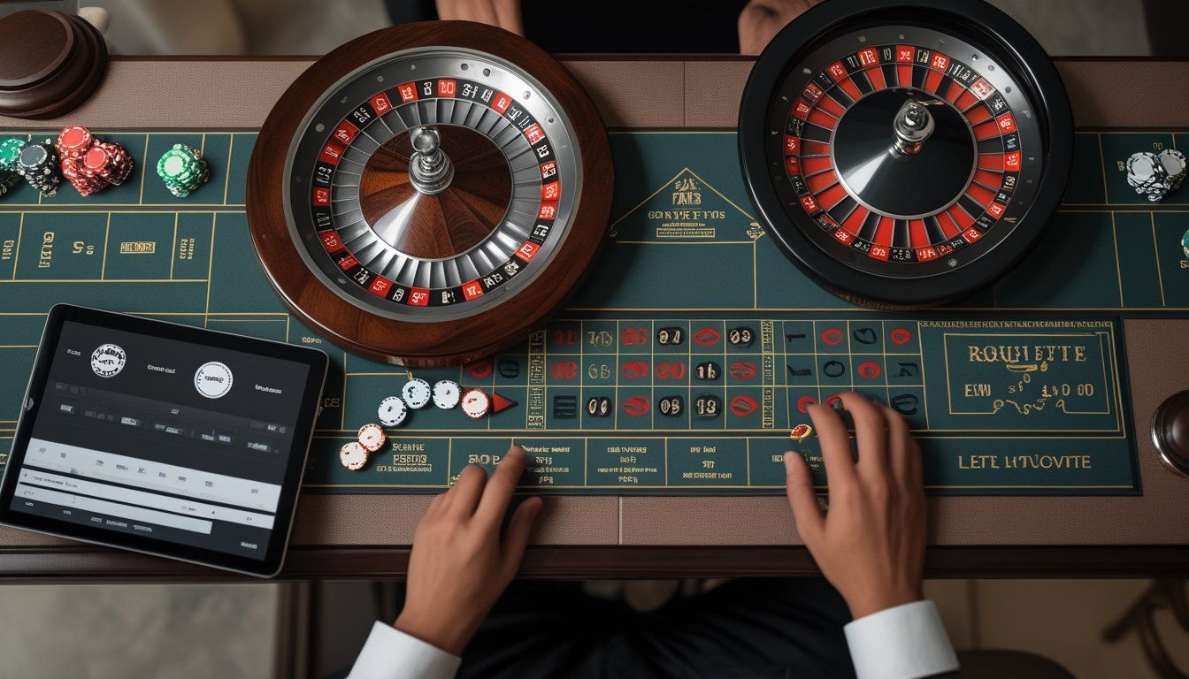 Seseorang melihat permainan roulette di perangkat digital di samping roda dan meja taruhan.