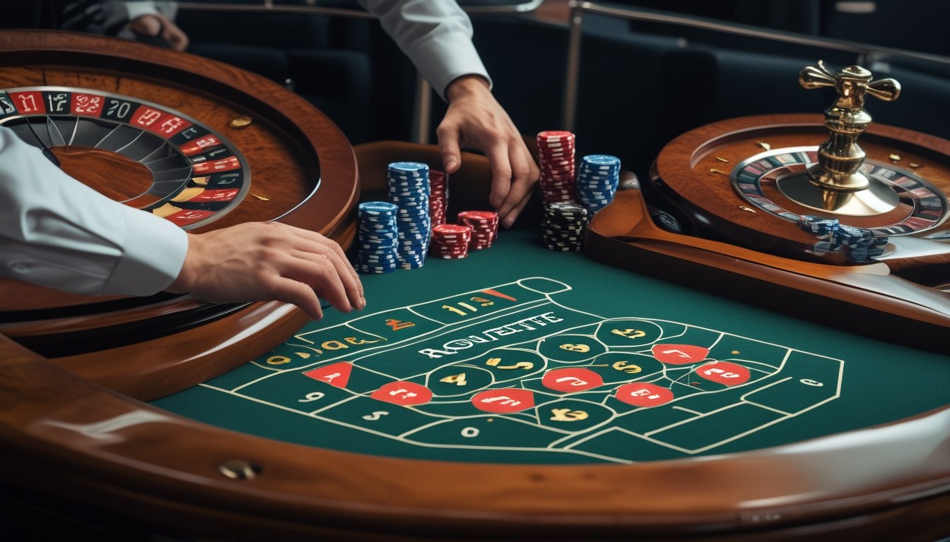 Tangan dealer menunjukkan roda roulette dan keping taruhan di meja kasino.