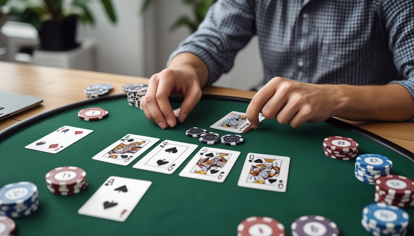 Seorang pemula mempelajari kartu poker dan susunan kombinasi kartu di atas meja hijau.