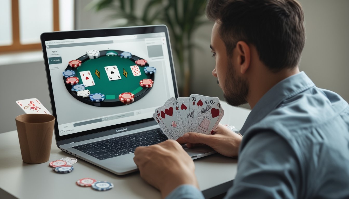 Seorang pemula mempelajari kartu dan chip poker di meja dengan laptop terbuka.
