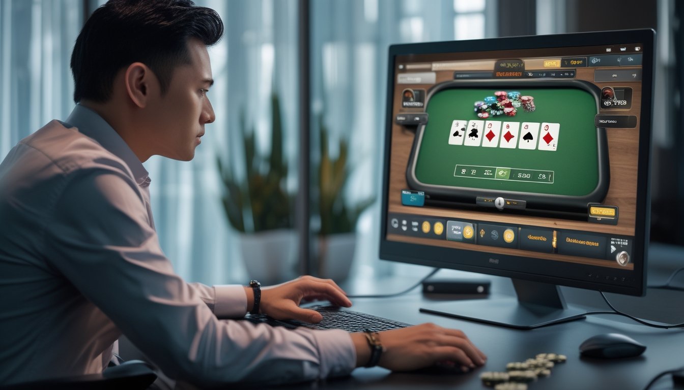 Seorang pemain poker mempelajari permainan di layar komputer.