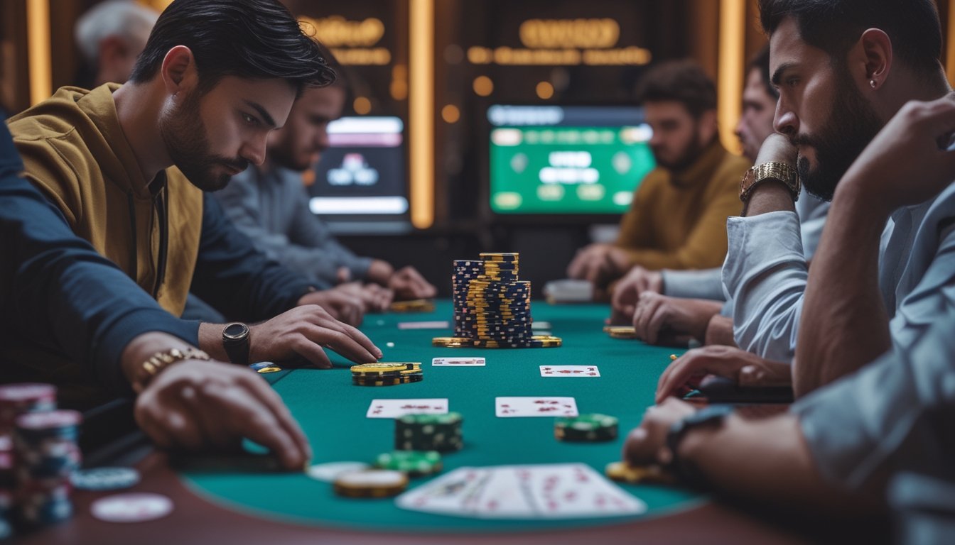 Seorang pemain poker mendorong tumpukan chip sementara lawannya mengamati dengan tegang.