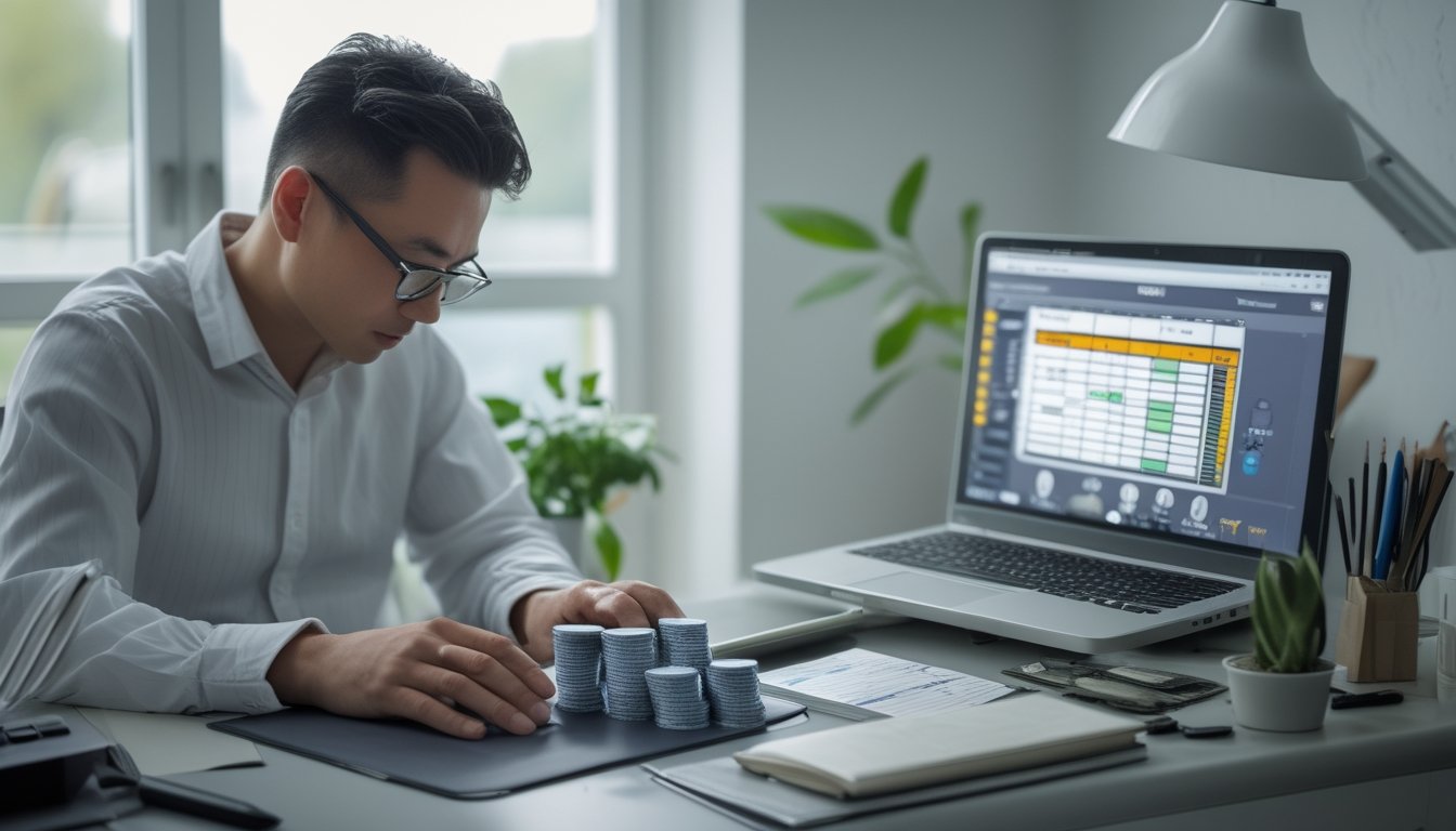 Seorang pemain poker mengatur tumpukan chip di meja sambil meninjau catatan dan laptop.