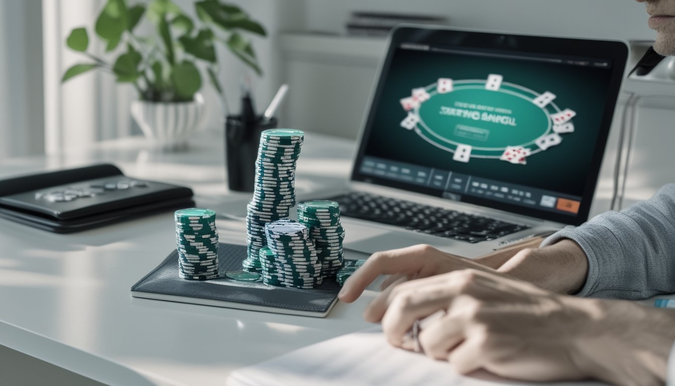 Seseorang dengan tenang meninjau tumpukan kecil chip poker, kalkulator, dan buku catatan di meja.