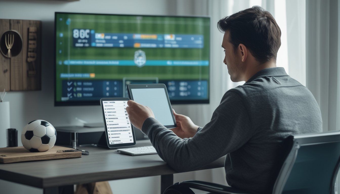 Seorang penggemar sepak bola mempelajari pertandingan di layar sambil melihat tablet di meja.