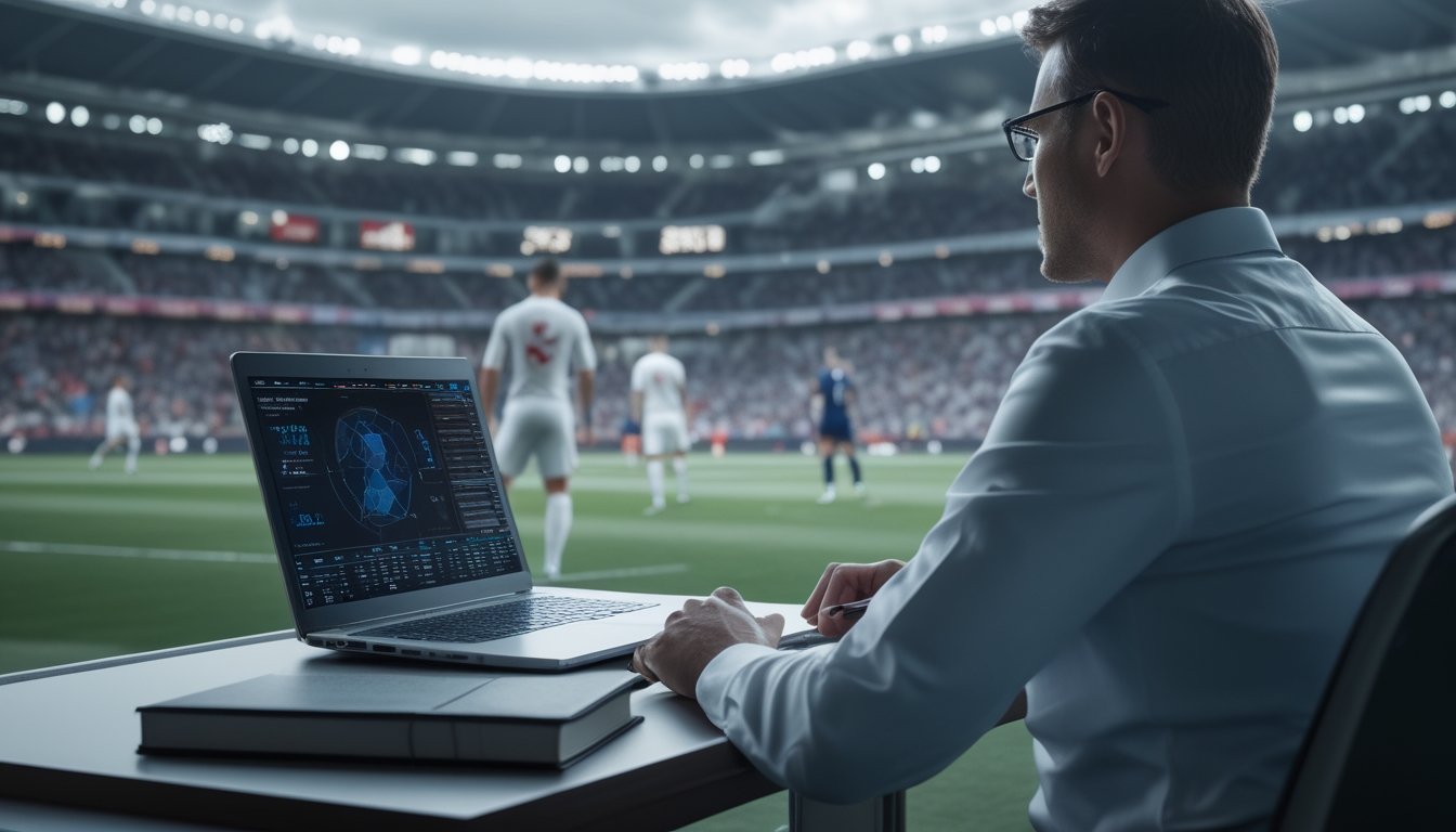 Pemain sepak bola bertanding di stadion, dengan laptop berisi grafik analisis di latar depan.