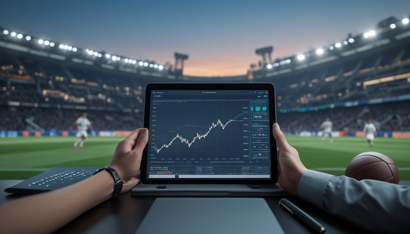 Seorang analis mengamati data di tablet saat pertandingan sepak bola berlangsung di stadion.
