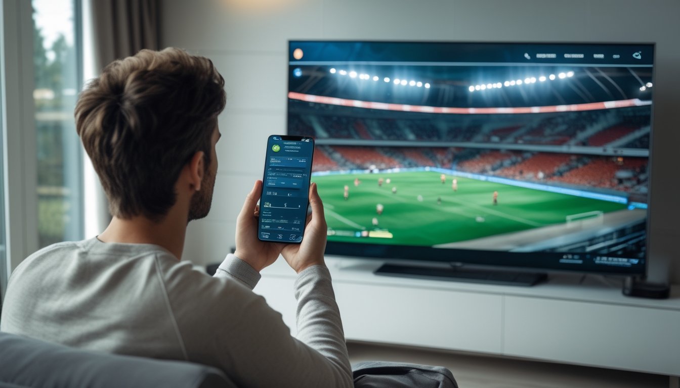 Seorang penggemar menonton pertandingan sepak bola di televisi sambil melihat ponsel.