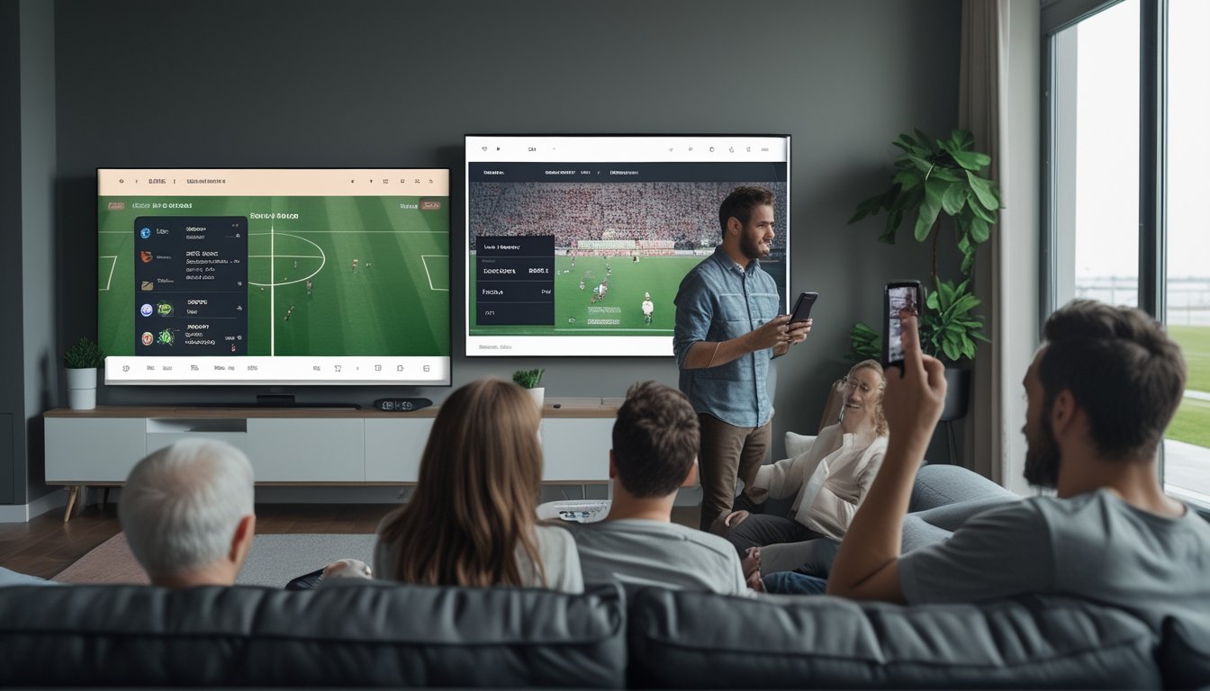 Sekelompok orang dewasa menonton pertandingan sepak bola sambil melihat ponsel dan statistik pertandingan.