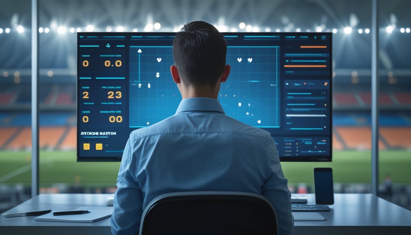 Seorang analis olahraga mempelajari grafik odds di depan layar dengan latar stadion sepak bola.