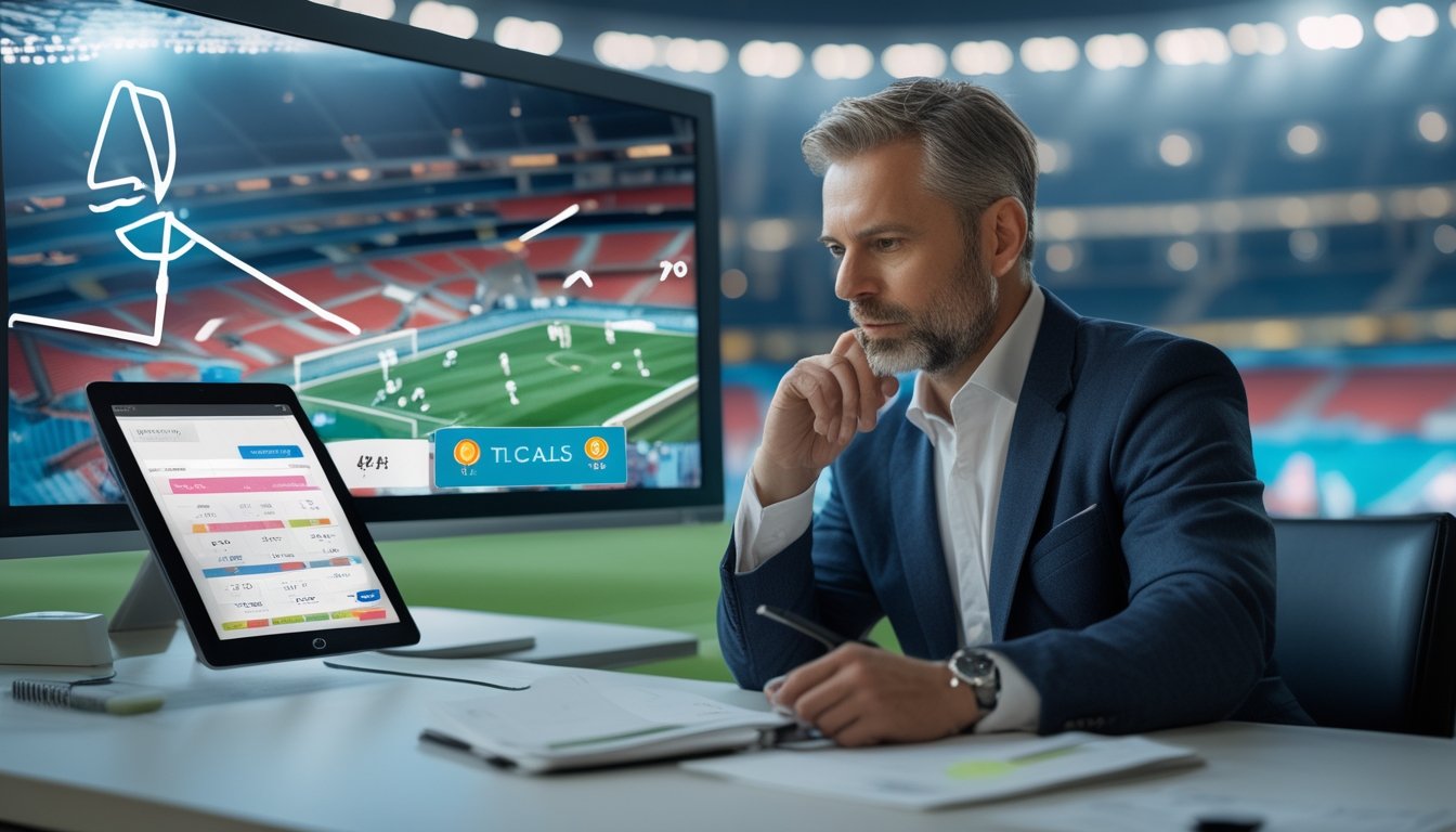 Seorang analis mengamati pertandingan sepak bola sambil membandingkan indikator odds di tablet.