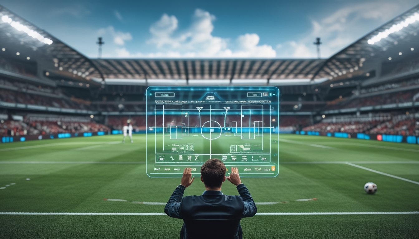 Analis olahraga mengamati pertandingan sepak bola sambil meninjau diagram taktik dan grafik statistik.