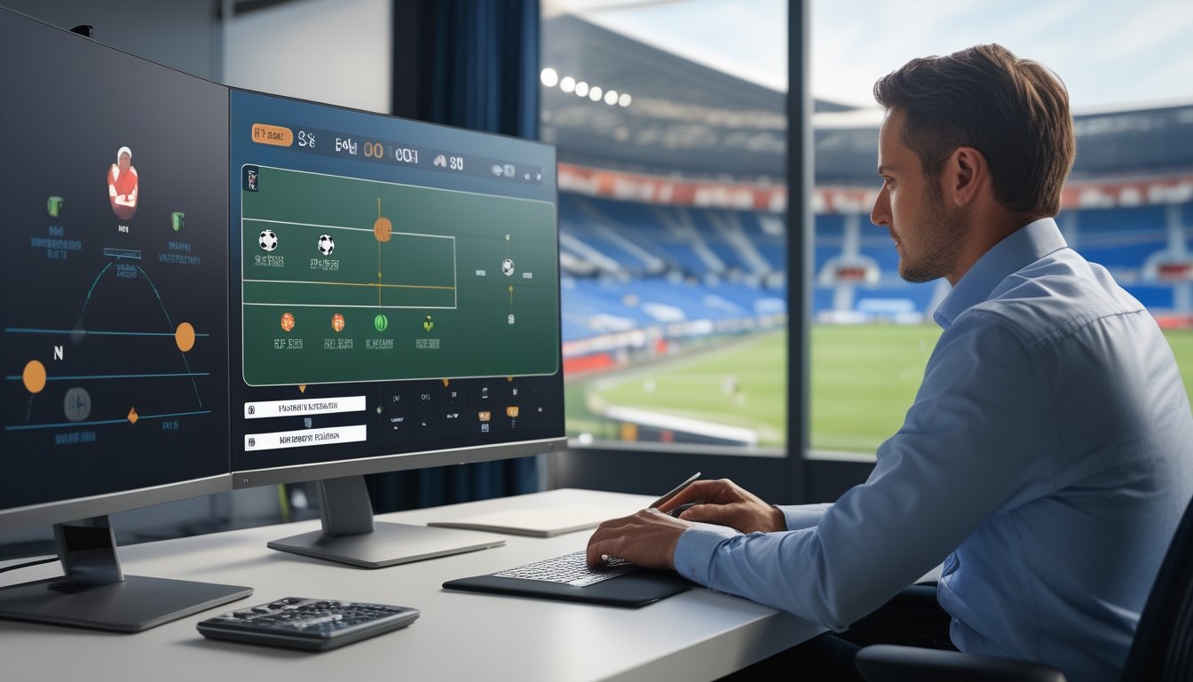Seorang analis olahraga mengamati pertandingan sepak bola dan grafik di layar.