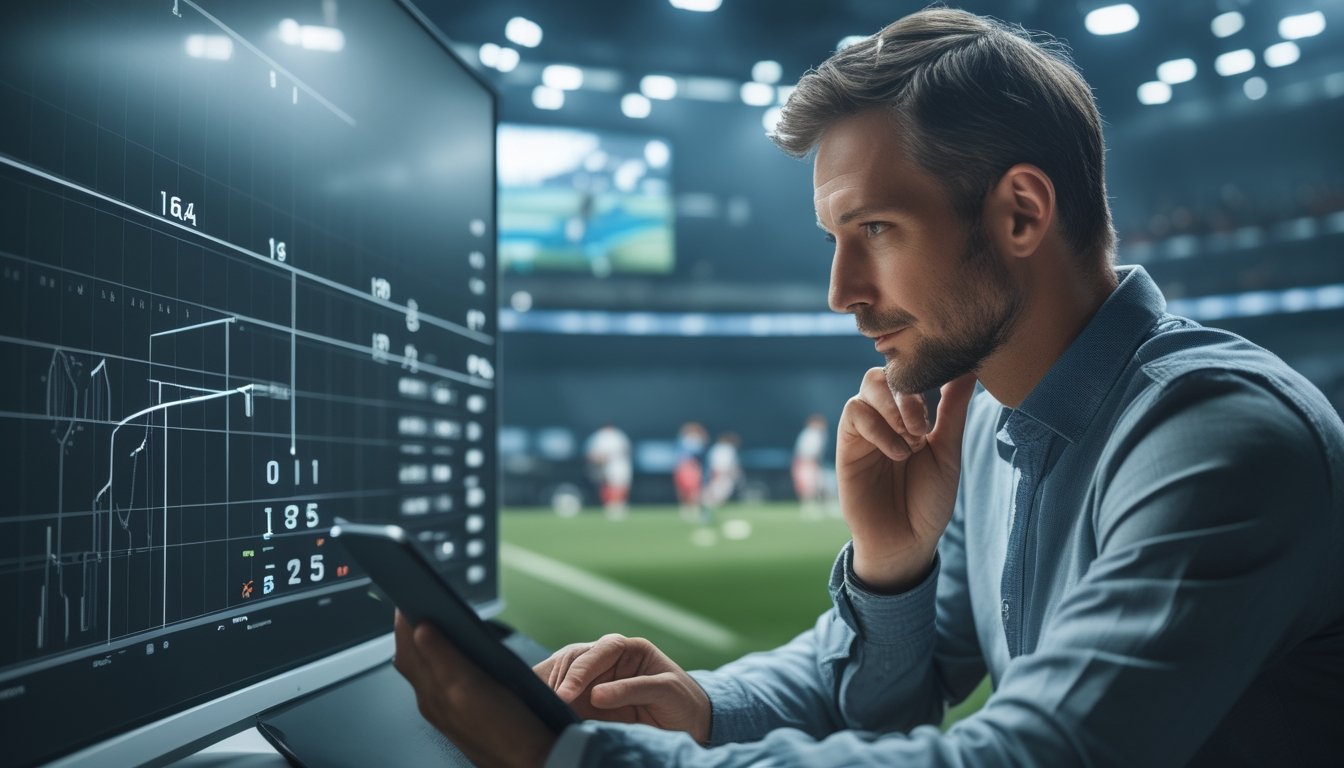 Seorang analis olahraga mengamati grafik dan pertandingan sepak bola di layar.
