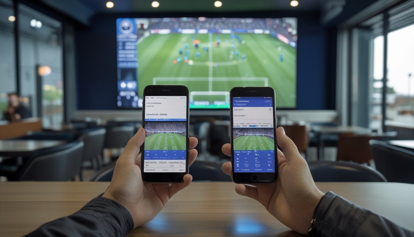 Seorang penggemar sepak bola membandingkan dua ponsel sambil menonton pertandingan.
