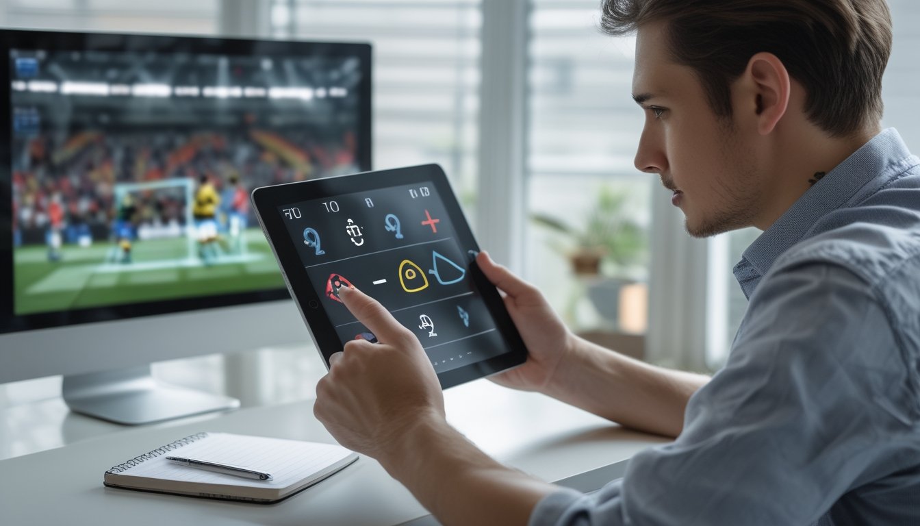 Seorang pemula mempelajari informasi pertandingan olahraga melalui tablet di meja.