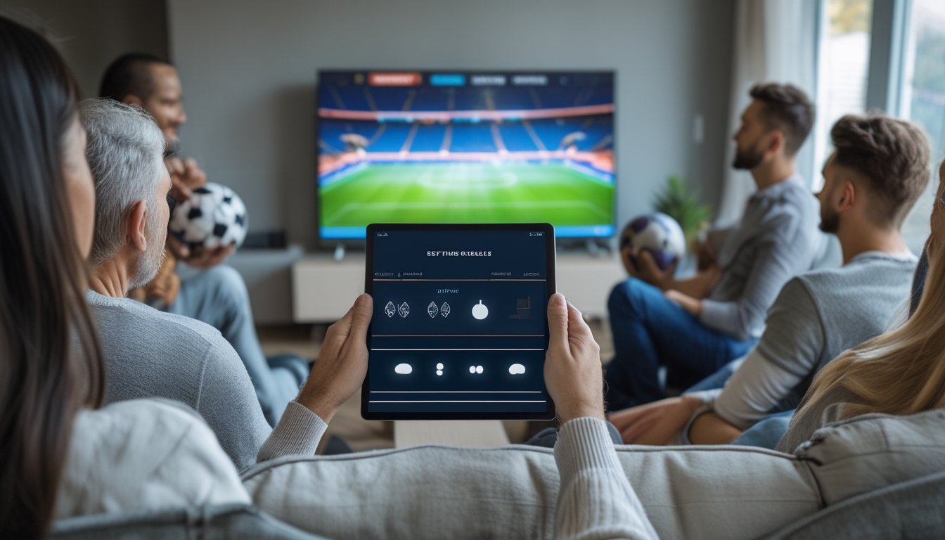 Sekelompok teman dewasa berdiskusi sambil menonton pertandingan sepak bola dan melihat tablet.