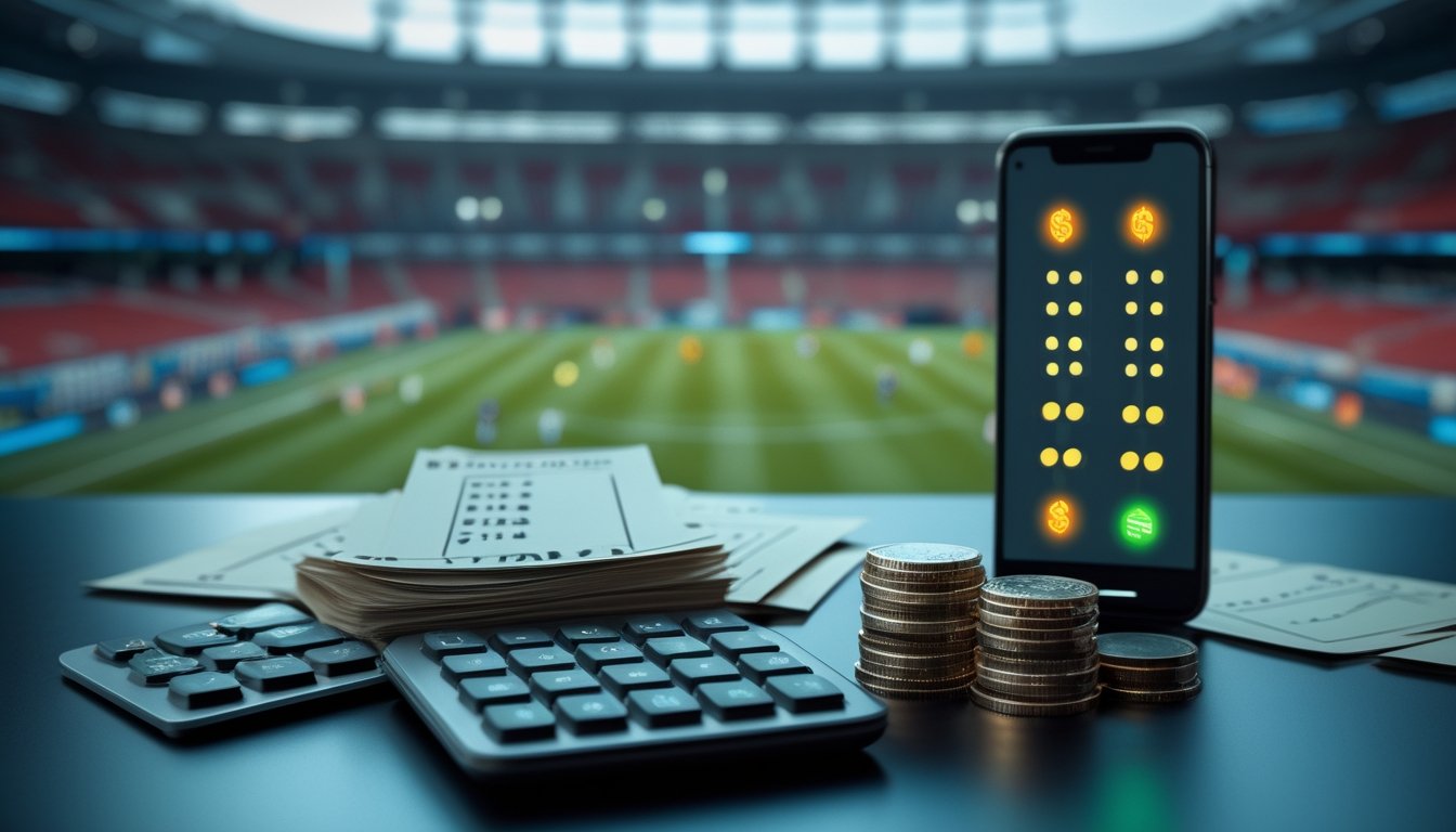 Meja analisis taruhan olahraga dengan kalkulator, ponsel, slip taruhan, dan stadion yang tampak samar di latar belakang.