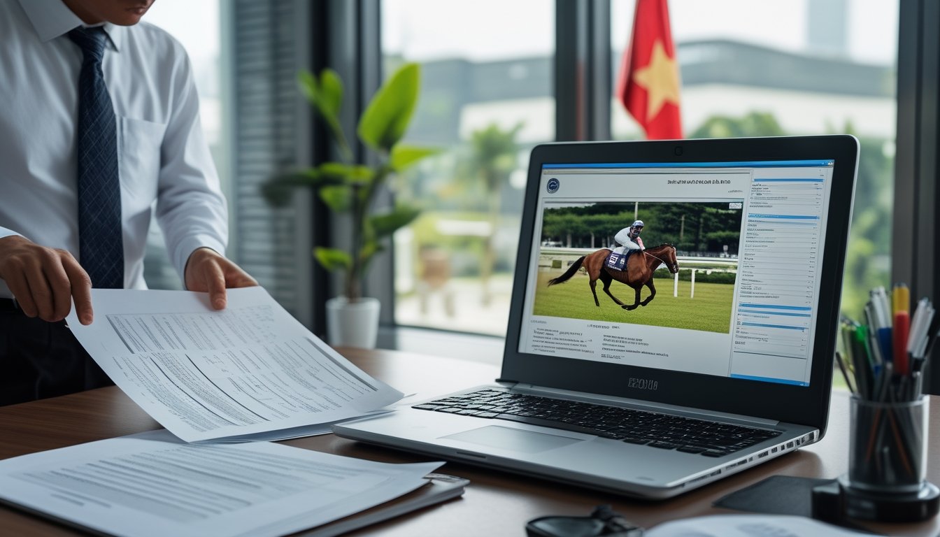 Seorang profesional hukum Indonesia meninjau dokumen perizinan di samping laptop yang menampilkan balap kuda.