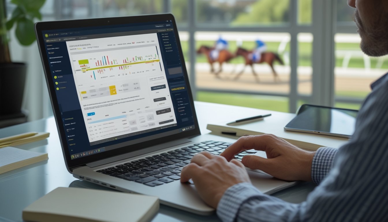 Seseorang mempelajari data balap kuda di laptop di depan meja.
