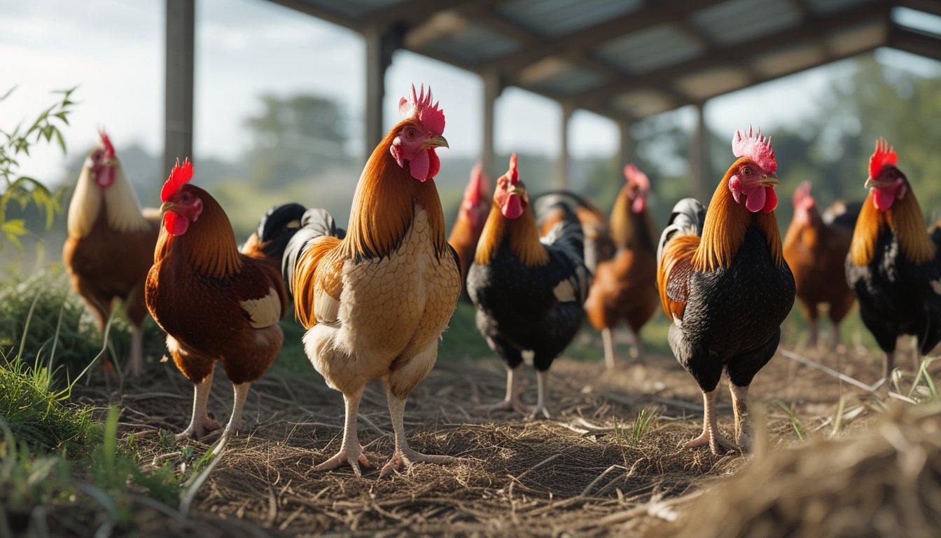 Beberapa ayam jantan dengan warna dan bentuk bulu berbeda berdiri di lingkungan peternakan yang bersih.