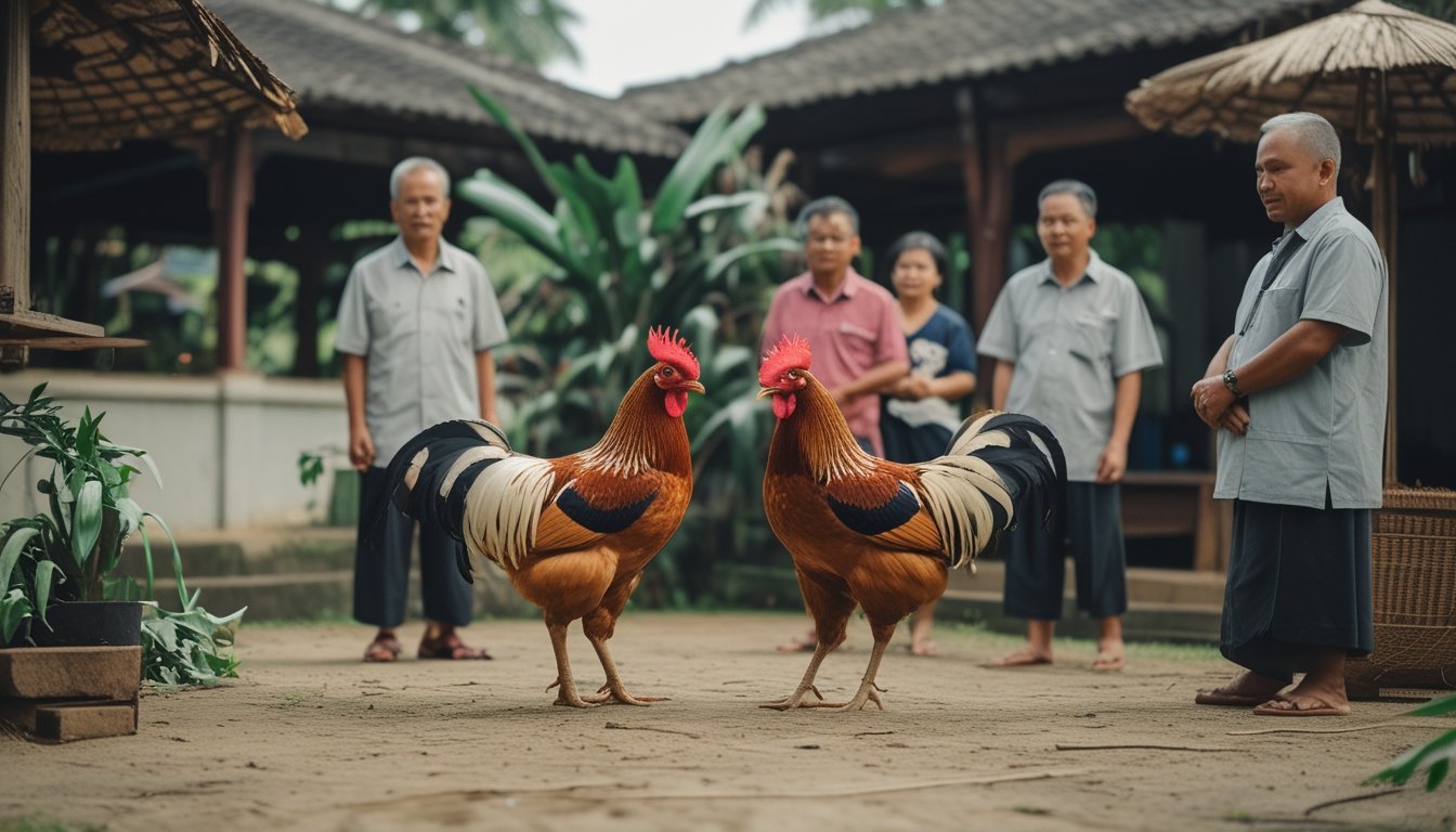 Warga desa mengamati dua ayam jantan yang dipegang terpisah oleh pemiliknya.