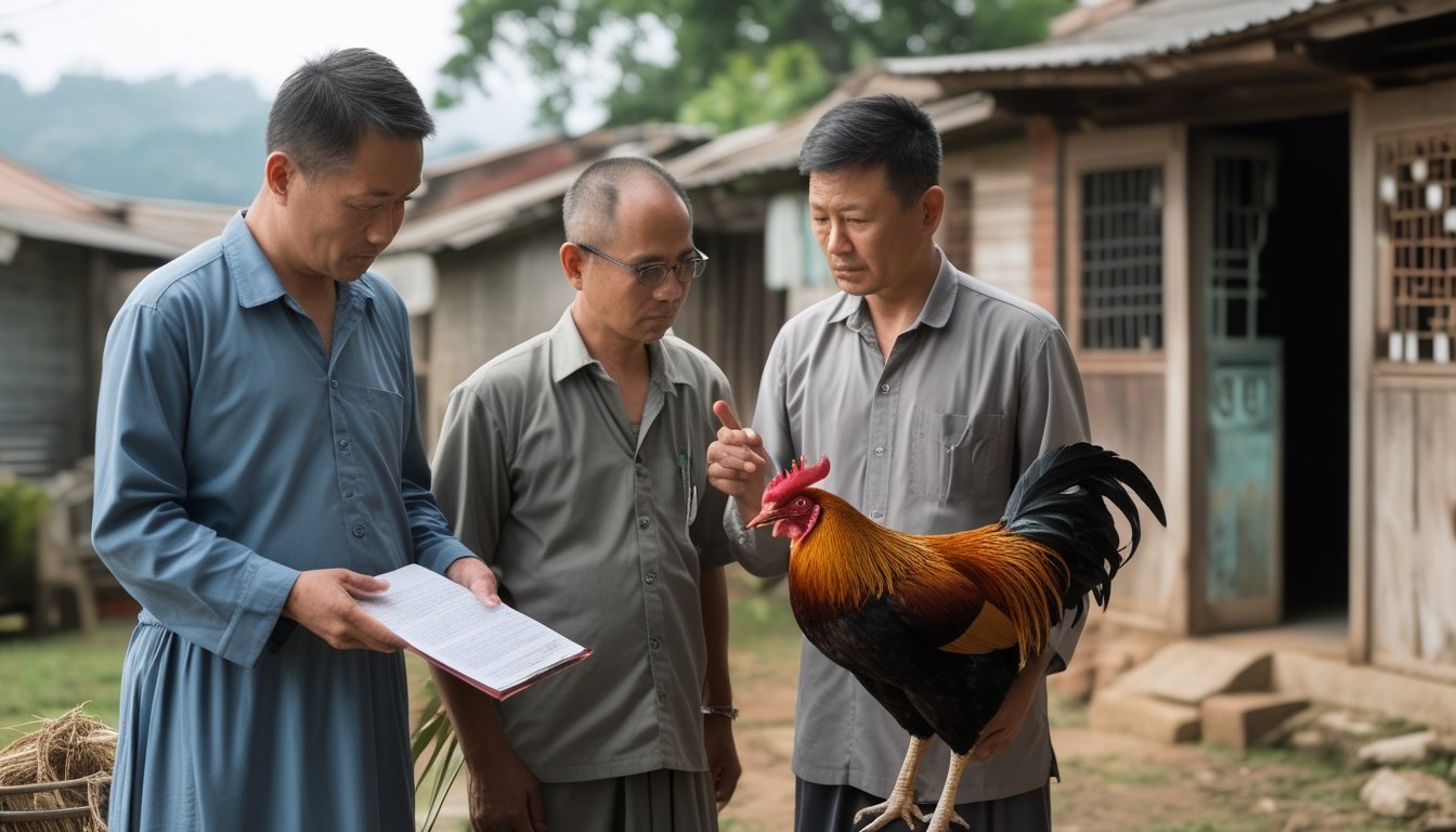 Dua pria membahas aturan setempat di samping seekor ayam jantan di sebuah desa.