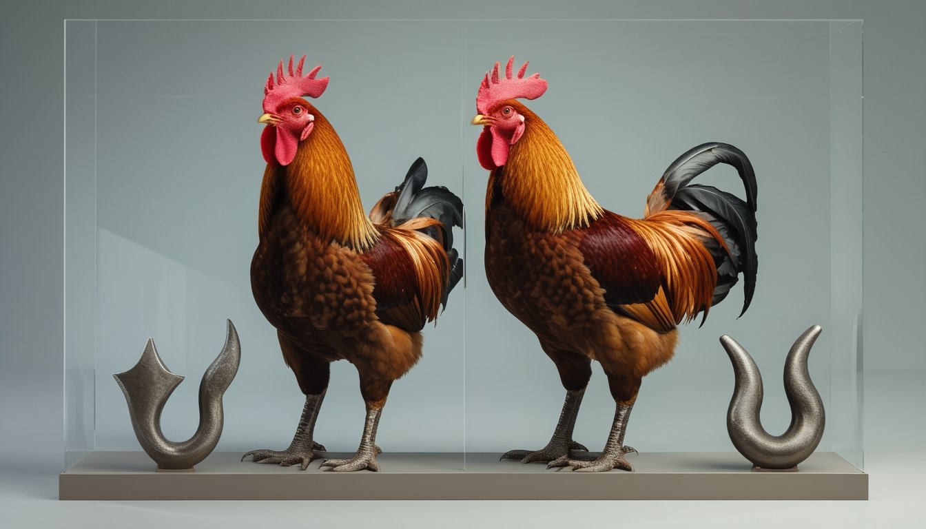 Dua ayam jantan berdiri tenang di dekat contoh taji tumpul dan taji runcing.