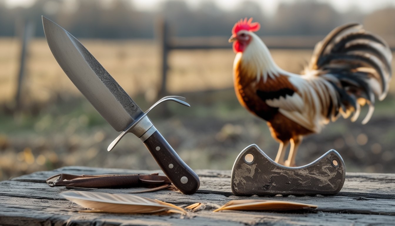 Pisau bersarung dan taji tumpul diletakkan berdampingan di atas meja kayu, dengan seekor ayam jantan di latar belakang.