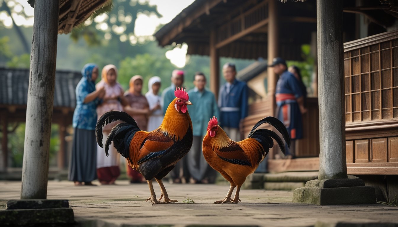 Dua ayam jantan berdiri di halaman desa sementara warga berpakaian tradisional berbincang di dekatnya.