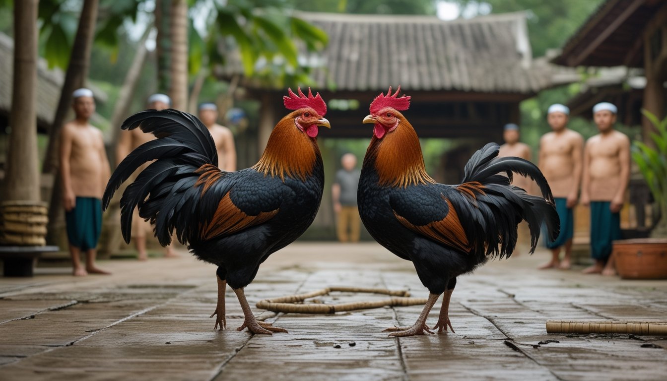 Dua ayam jantan berdiri berhadapan di halaman desa, sementara beberapa warga mengamati dari kejauhan.