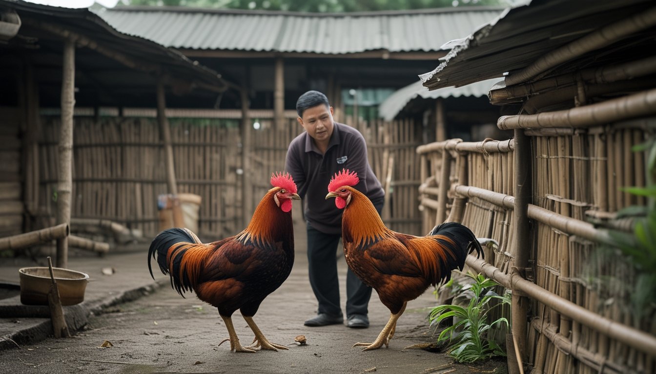 Seorang petani menjelaskan ciri-ciri dua ayam jantan kepada pemula di halaman desa.